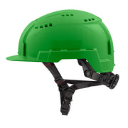 Green safety helmet with front brim, ventilation slots, and black chin straps with adjustment buckles.