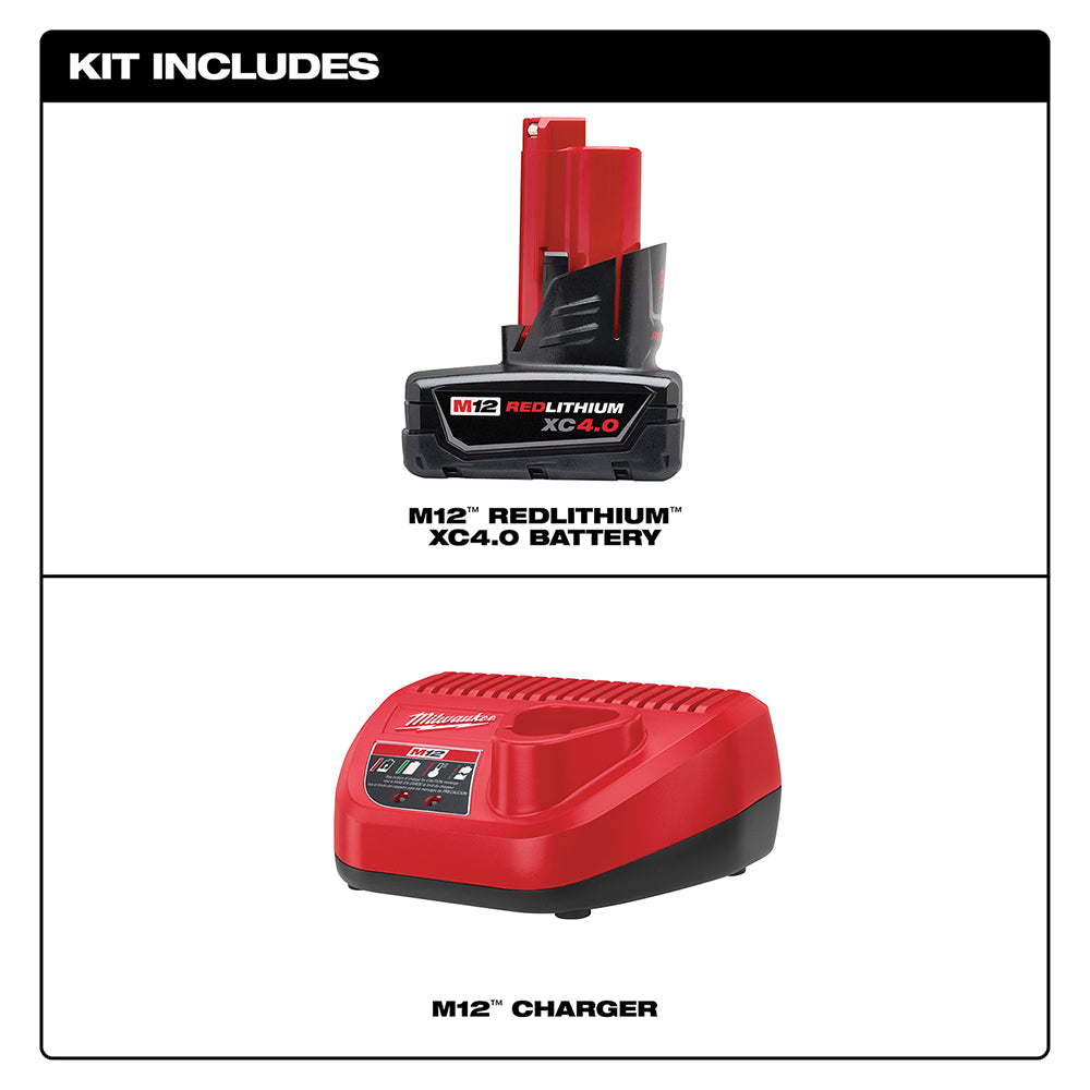 M12 RedLithium XC4.0 battery and charger with black and red casing.