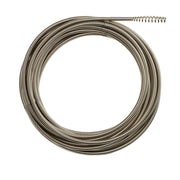 Coiled metal drain cable with spiral construction and uncapped end against white background.