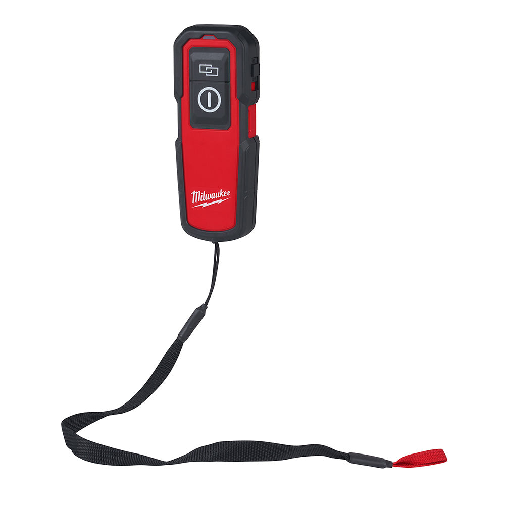 Milwaukee 3701 remote control with red and black housing, power button, battery indicator, and attached black wrist strap.
