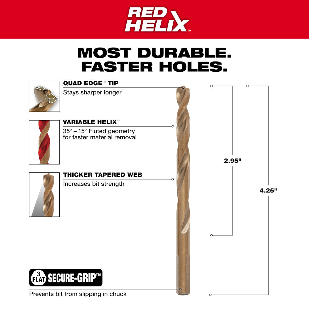 RED HELIX cobalt drill bit with fluted geometry, quad edge tip, tapered web, and secure-grip shank shown with feature callout