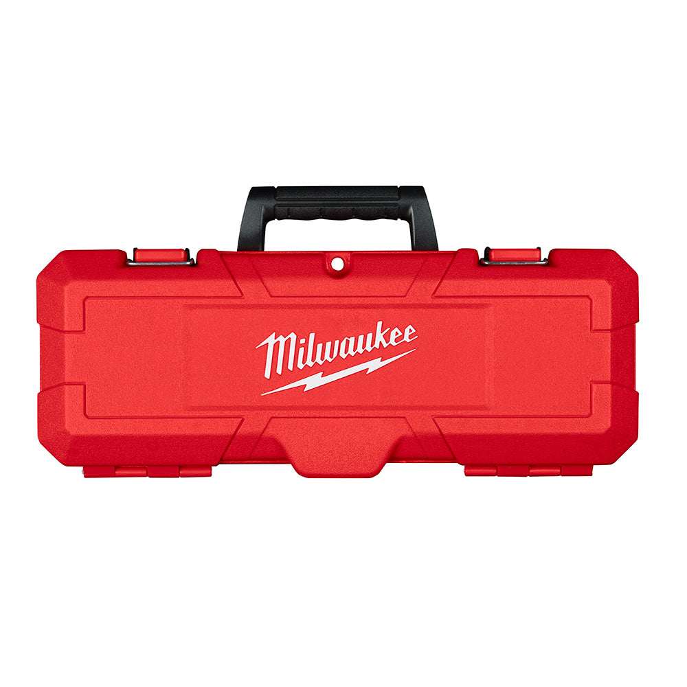 Red Milwaukee tool case with black carry handle and latches, front view.