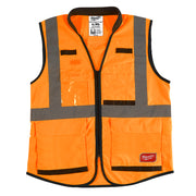 High visibility orange safety vest with gray reflective strips, multiple pockets, and black trim.