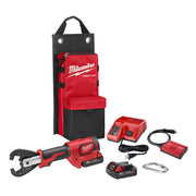 Milwaukee M18 cordless crimping tool kit with red and black carry bag, batteries, charger, cables, and accessories.