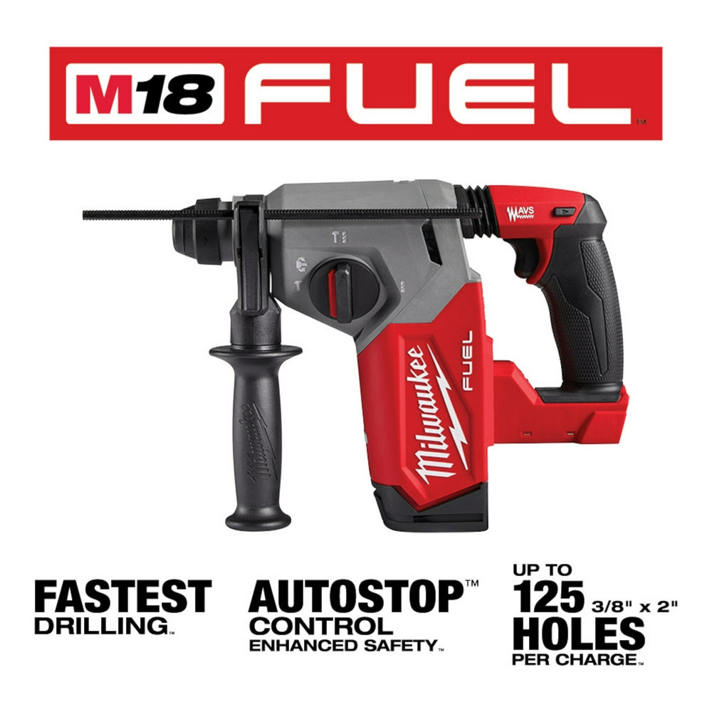 Red and black M18 FUEL rotary hammer with SDS Plus chuck and side handle against white background.