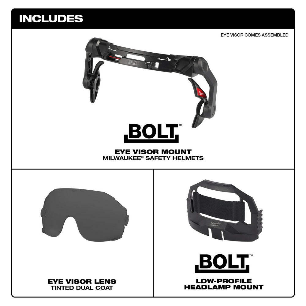 Black BOLT eye visor assembly with tinted dual-coat lens and mounting hardware for Milwaukee safety helmets.