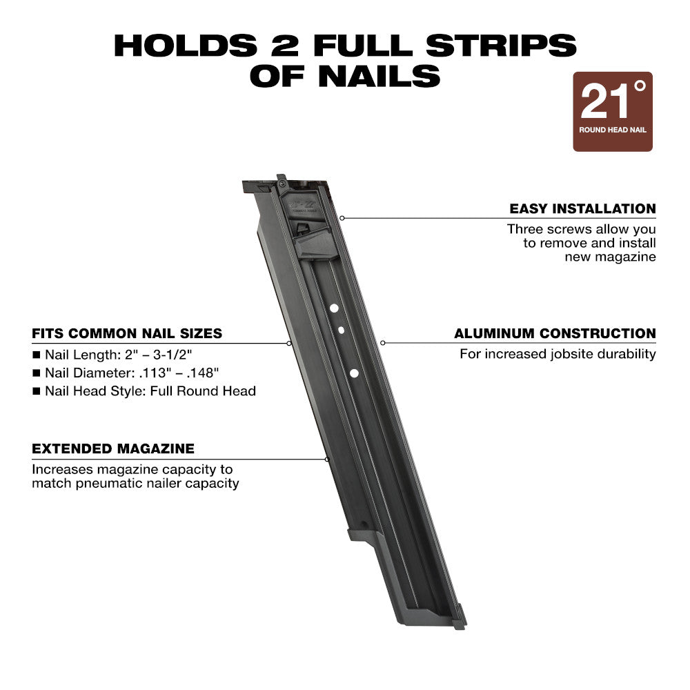 Black aluminum extended magazine for 21-degree framing nailer, holds two full nail strips.