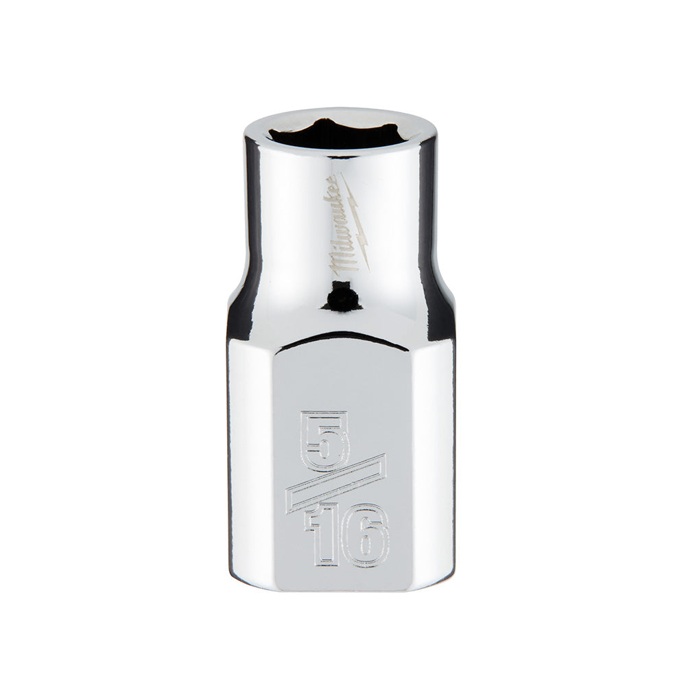 Polished chrome 3/8 in. drive socket with 6-point opening and 5/16 in. SAE size marking on side.