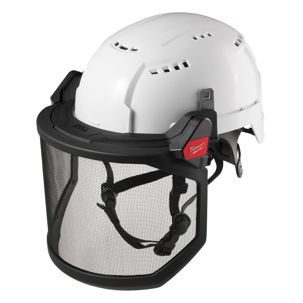 White safety helmet with attached black metal mesh face shield and side attachment bracket.