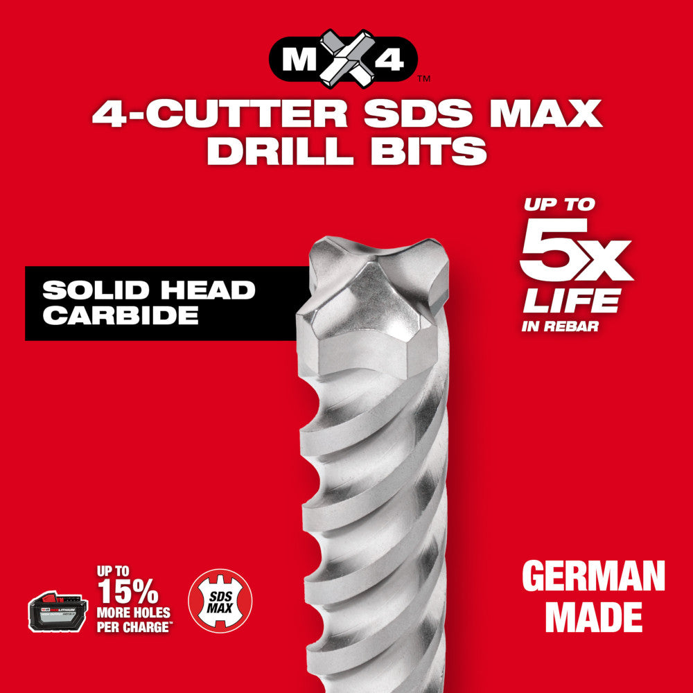 Milwaukee MX4 4-cutter SDS MAX drill bit with solid head carbide construction and spiral flute design.
