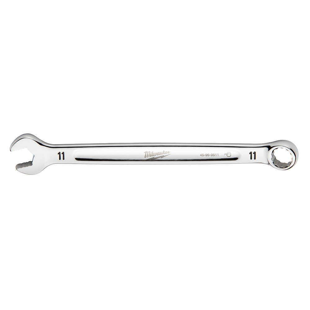 Silver 11mm combination wrench with open end on left and closed ring end on right.