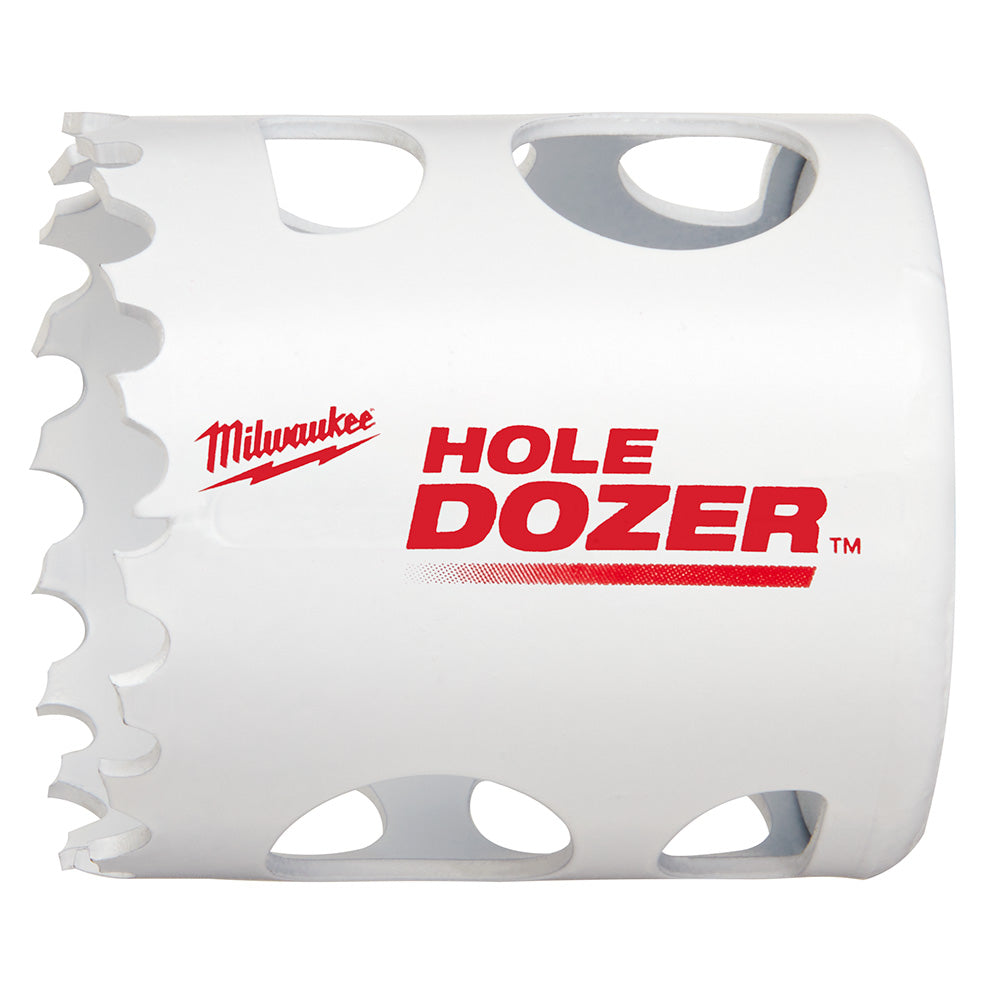 White Milwaukee HOLE DOZER bi-metal hole saw with serrated cutting edge and ventilation slots.