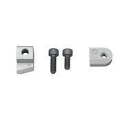 Two metal blade plates with angled cutting edges and two black socket head cap screws for assembly.