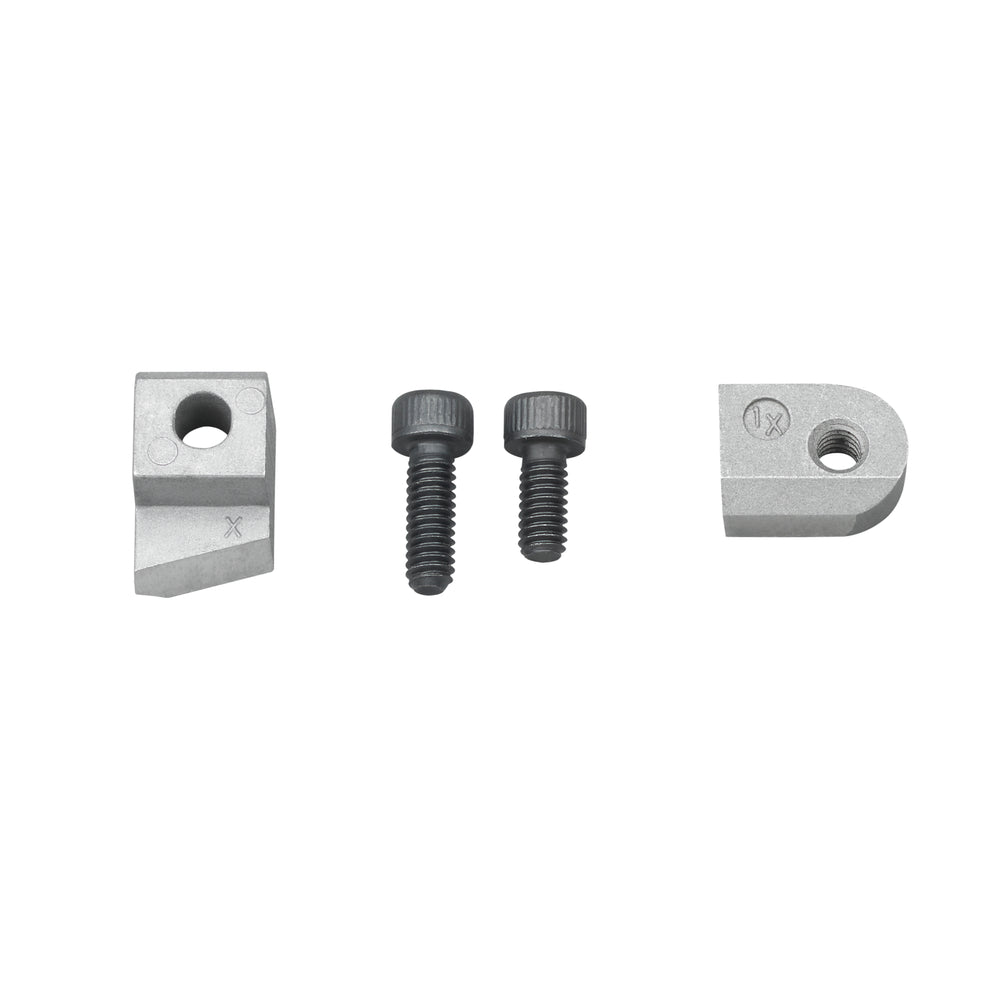 Two metal blade plates with angled cutting edges and two black socket head cap screws for assembly.