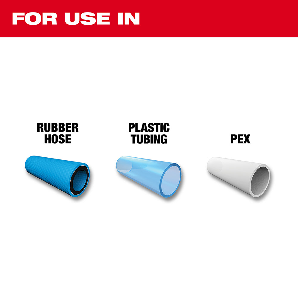 Diagram showing three tubing types: blue rubber hose, light blue plastic tubing, and white PEX pipe.