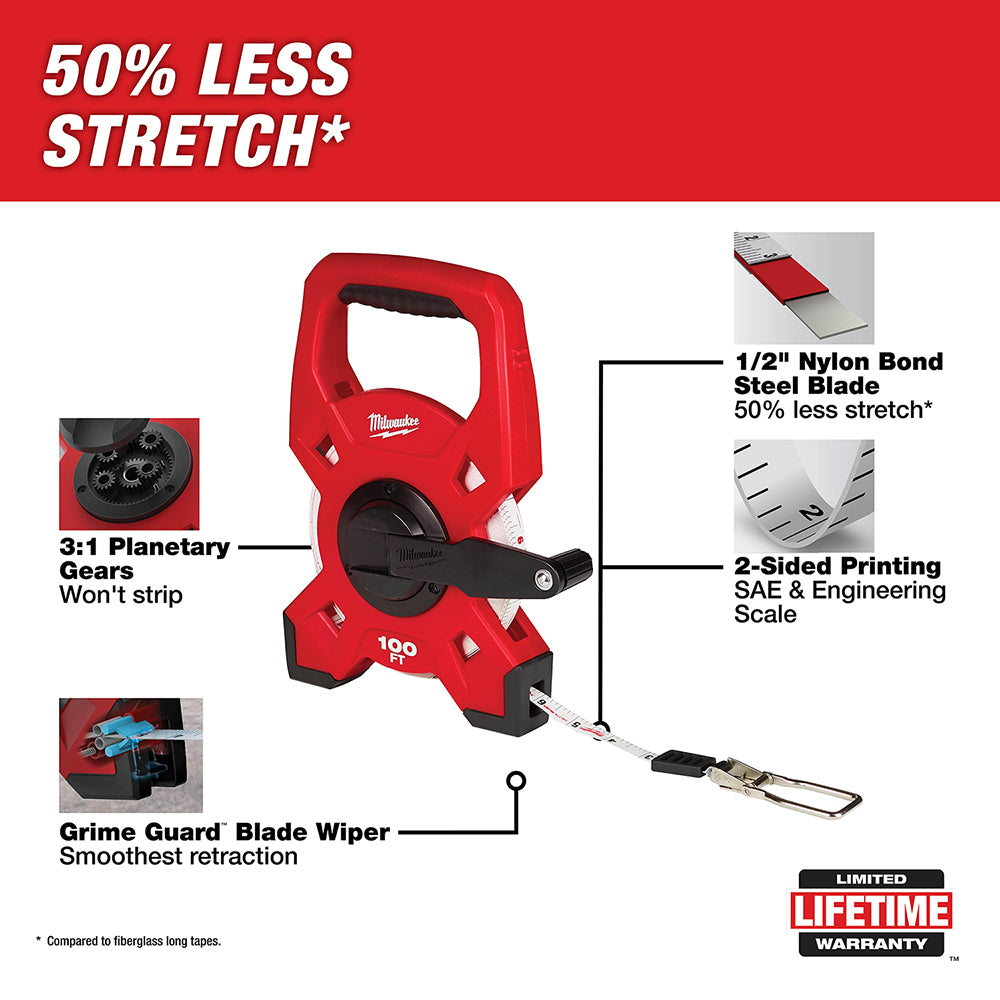 Red and black Milwaukee 100-foot steel open reel tape measure with planetary gear system and dual-sided measurement scale.