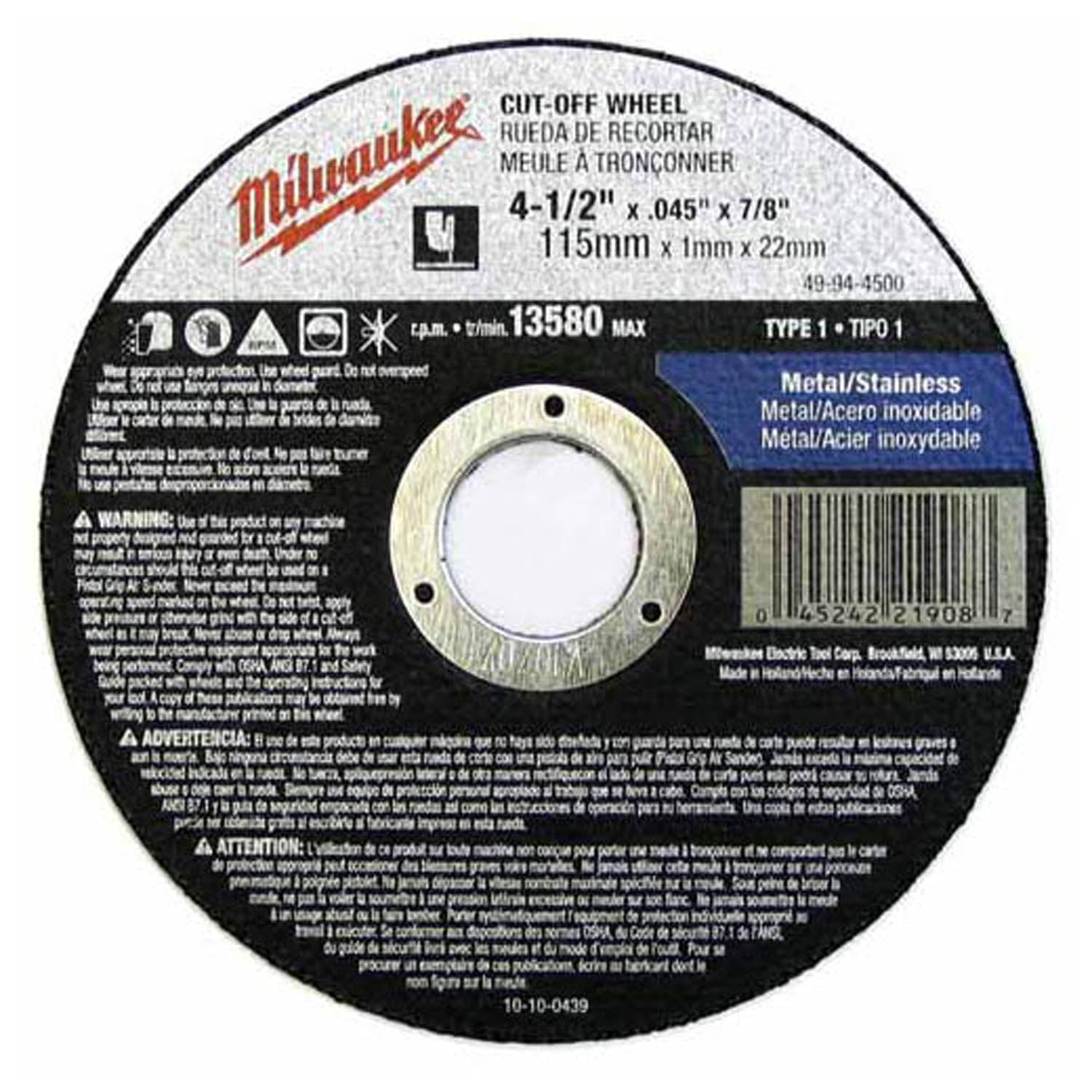 Milwaukee 49-94-4500 Cut-Off Wheel 4-1/2 in. x .045 in. x 7/8 in. (Type 1)
