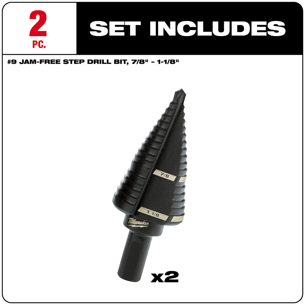 Two black #9 step drill bits with stepped cone design and size markings, 7/8" to 1-1/8" range.
