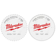Two Milwaukee 12-inch circular saw blades: left blade labeled "General Purpose Wood Blade" with 44 teeth, right blade labeled