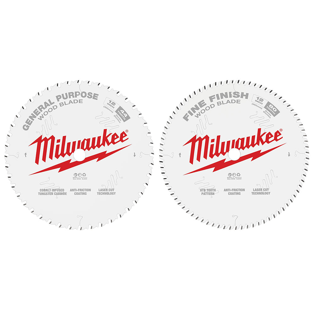 Two Milwaukee 12-inch circular saw blades: left blade labeled "General Purpose Wood Blade" with 44 teeth, right blade labeled