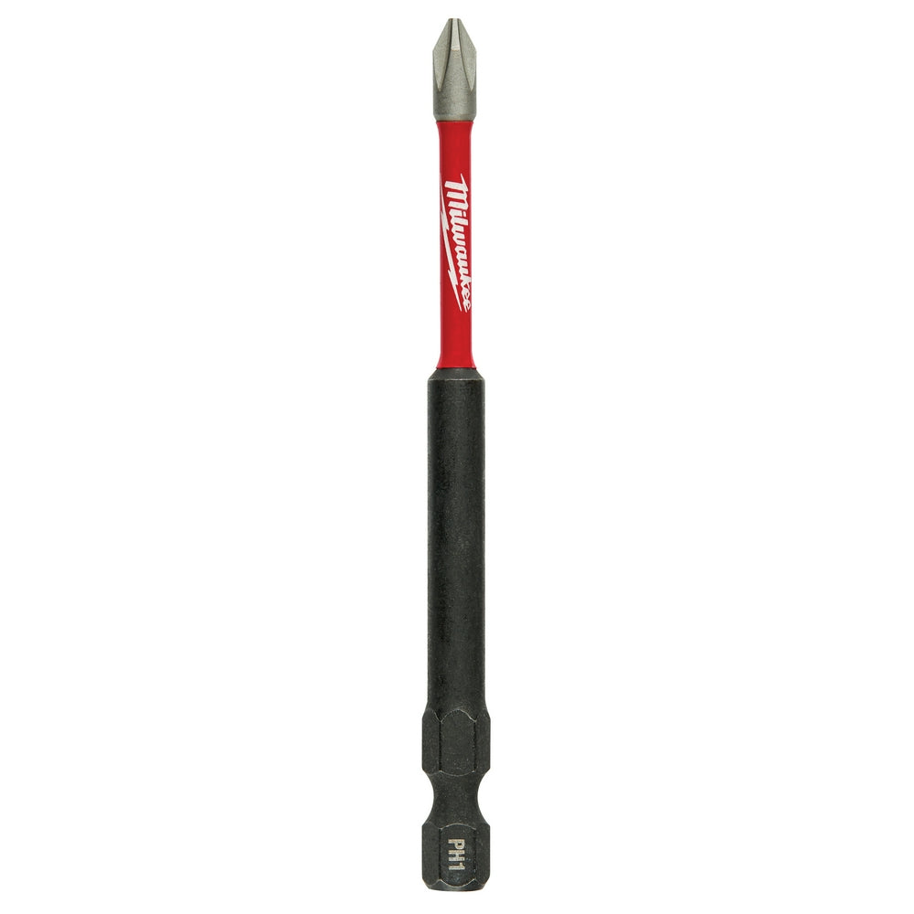 Two-pack of Milwaukee Shockwave PH1 impact bits with red and black shaft and pointed metal tip.