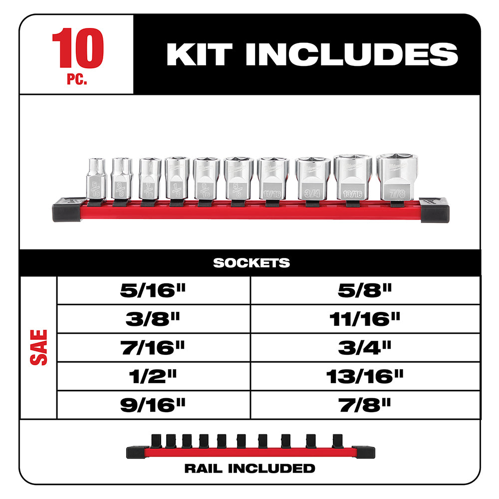 Ten chrome sockets with square drive arranged on red and black rail with size specifications listed.