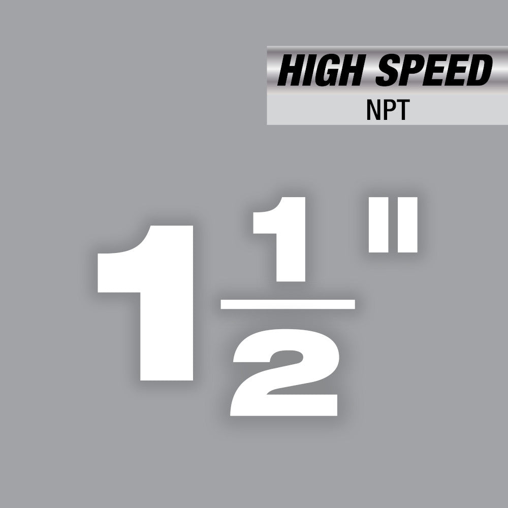 White text on gray background displaying "HIGH SPEED NPT" and "1 1/2" specifications for pipe threading die head.
