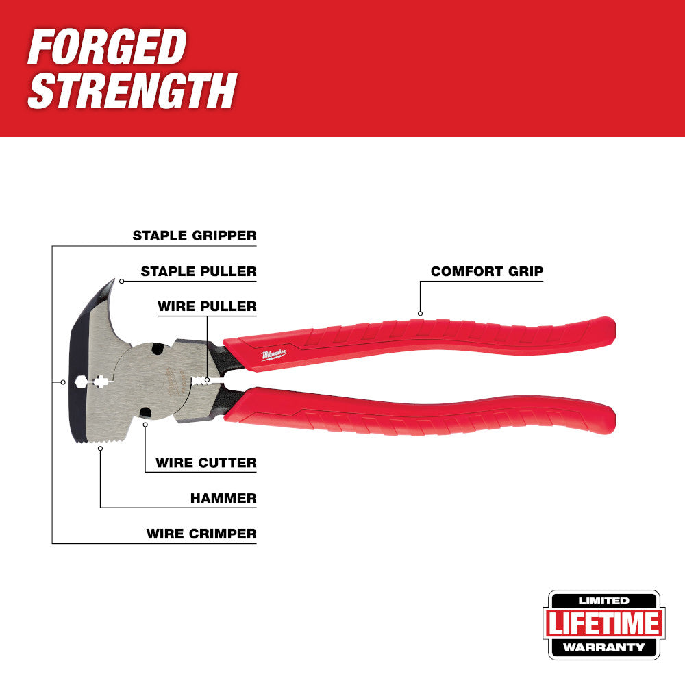 Milwaukee fencing pliers with red comfort grip handles and labeled features including staple gripper, wire puller, wire cutte