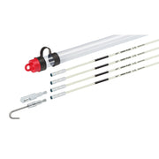 Milwaukee fish stick kit with gray conduit, red guide head, black handle, and multiple cream-colored flexible rods with conne