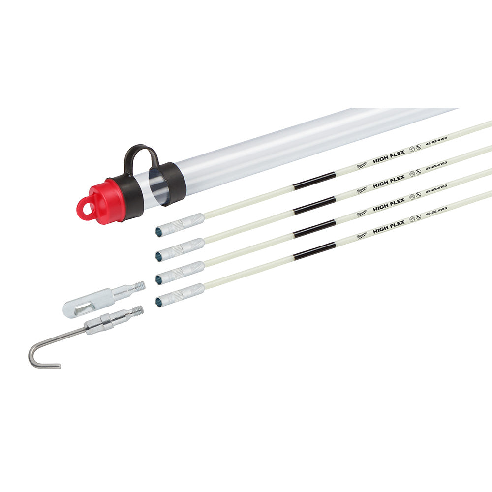 Milwaukee fish stick kit with gray conduit, red guide head, black handle, and multiple cream-colored flexible rods with conne
