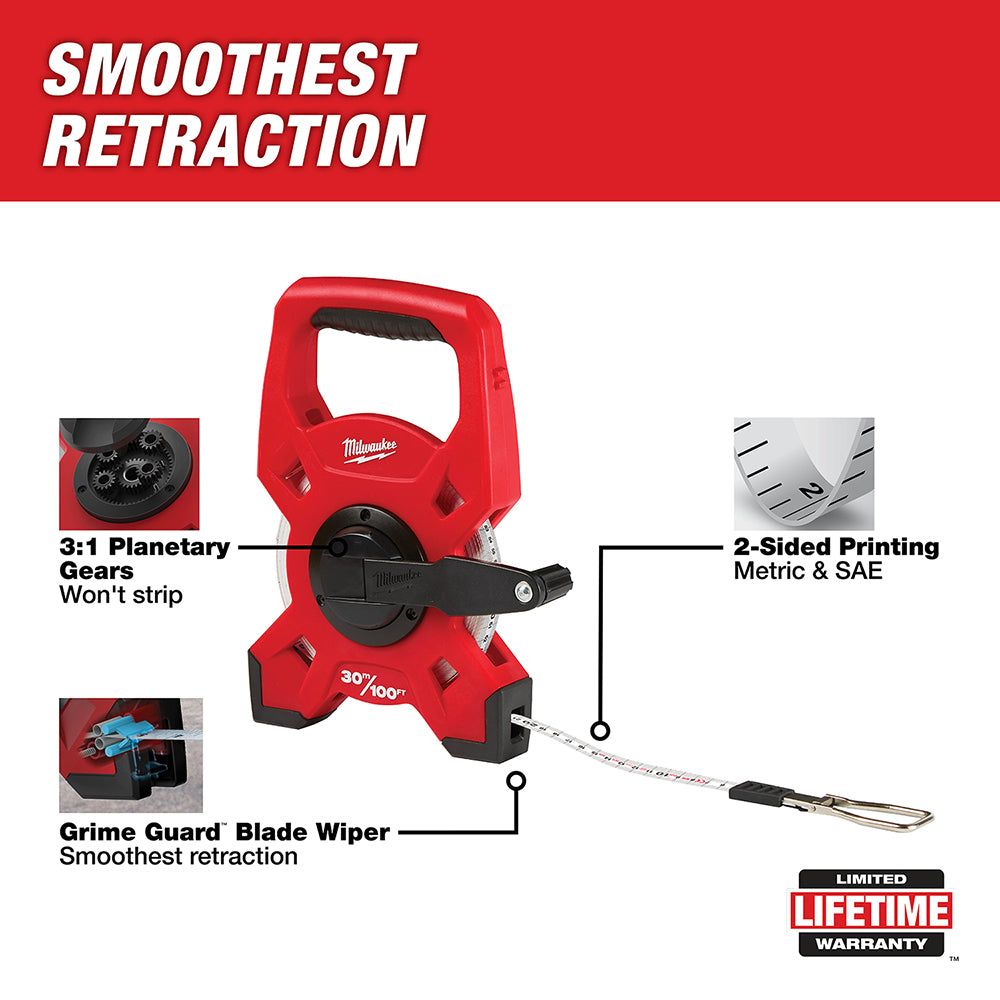 Red fiberglass open reel tape measure with 30m/100' capacity, planetary gears, blade wiper, and dual-sided metric/SAE marking