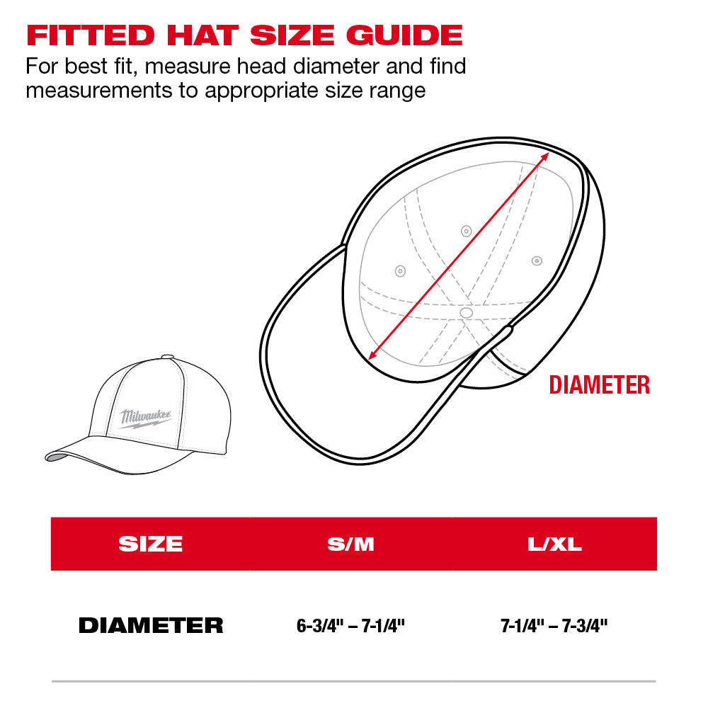 Fitted hat size guide chart showing small/medium and large/extra large diameter measurements with front and top view diagrams