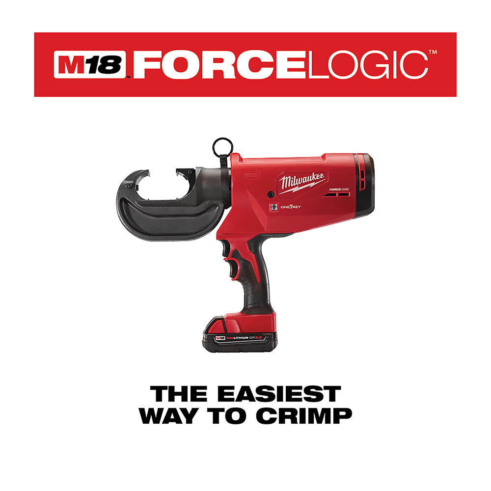 Red and black Milwaukee M18 FORCE LOGIC cordless crimper with battery pack and open jaw head.