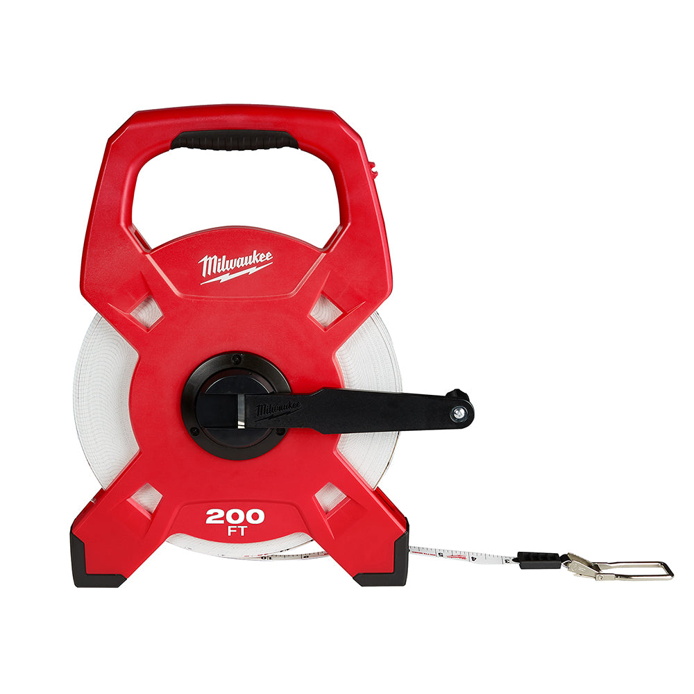 Red fiberglass open reel tape measure with black handle, 200 feet capacity, displayed with extended tape and metal hook.