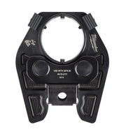 Black Milwaukee crimping jaw with circular opening, ribbed upper handles, two round button controls, and mounting hole at bas