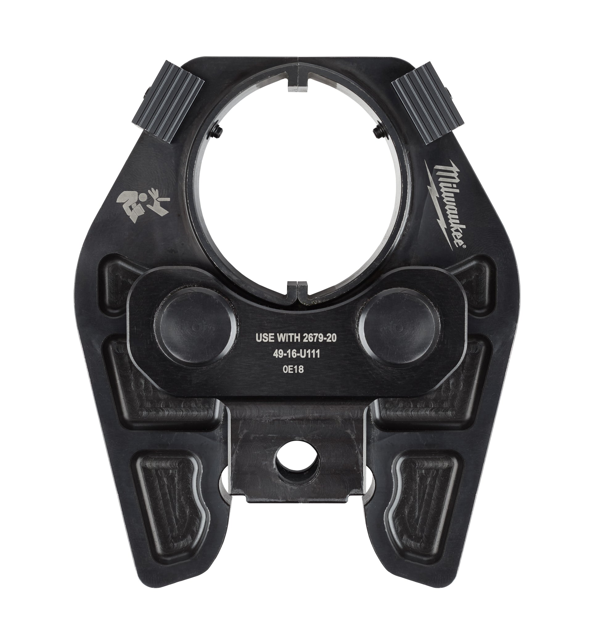 Black Milwaukee crimping jaw with circular opening, ribbed upper handles, two round button controls, and mounting hole at bas
