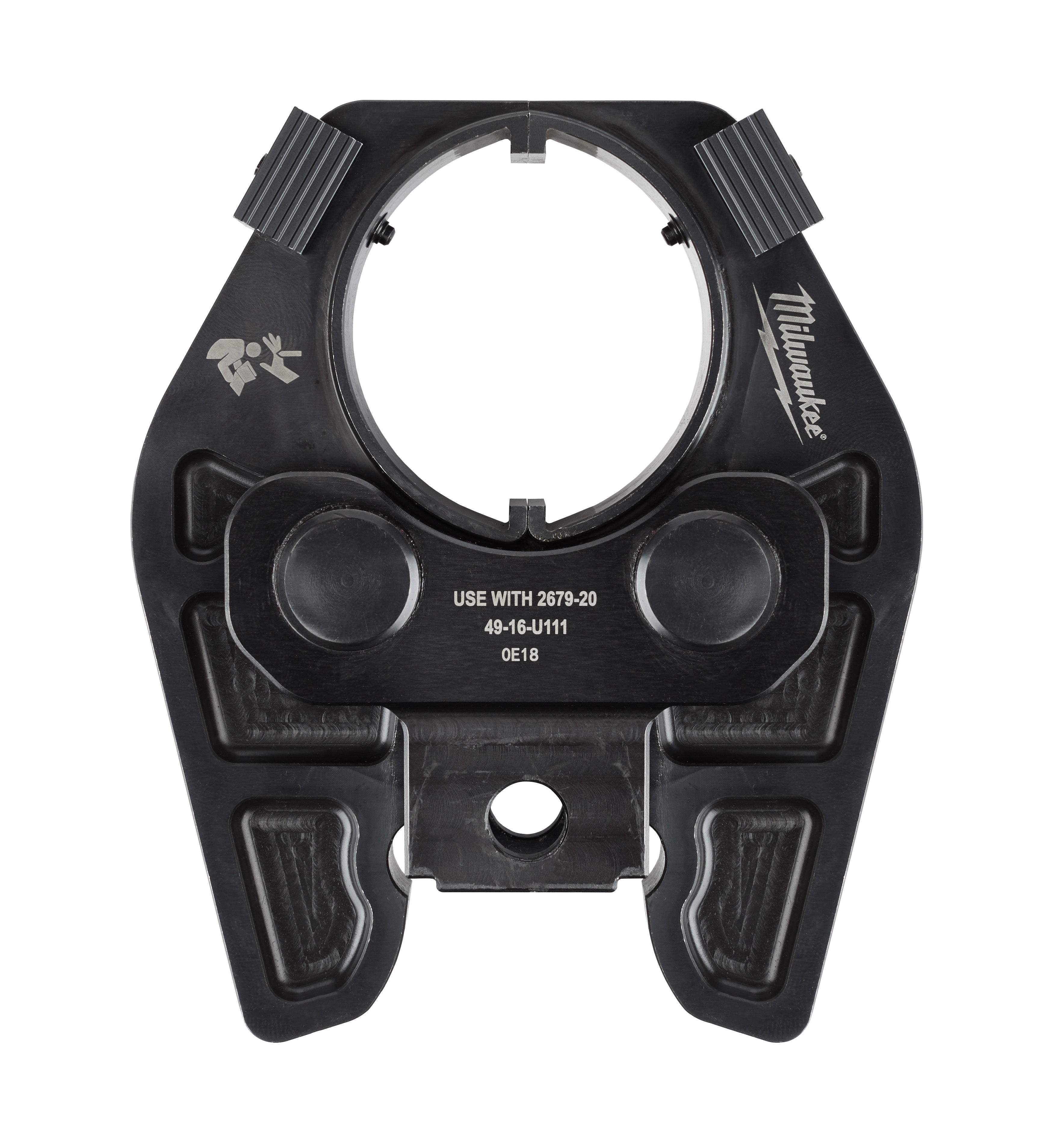 Black Milwaukee crimping jaw with circular opening, ribbed upper handles, two round button controls, and mounting hole at bas