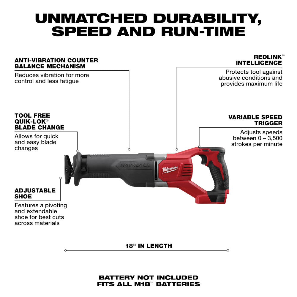 Milwaukee M18 red and black reciprocating saw with black grip handle and adjustable shoe, 18 inches long.