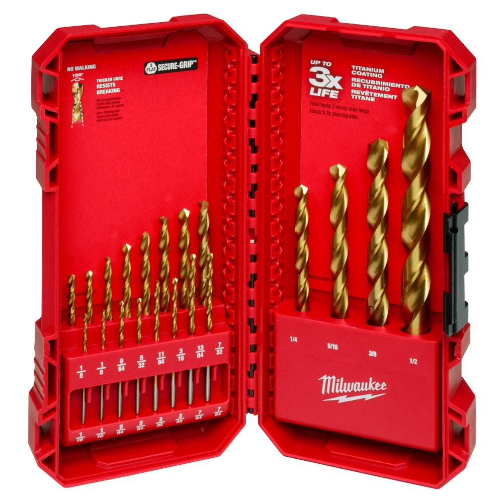 Open red plastic case containing 20 gold-coated titanium drill bits in graduated sizes, Milwaukee branding visible.