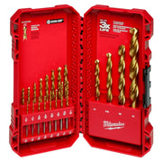 Open red plastic case containing 20 gold-coated titanium drill bits in graduated sizes, Milwaukee branding visible.