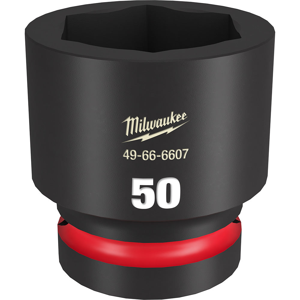 Black Milwaukee 50MM socket with hexagonal opening and red grip band at base.