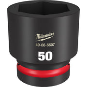 Black Milwaukee 50MM socket with hexagonal opening and red grip band at base.