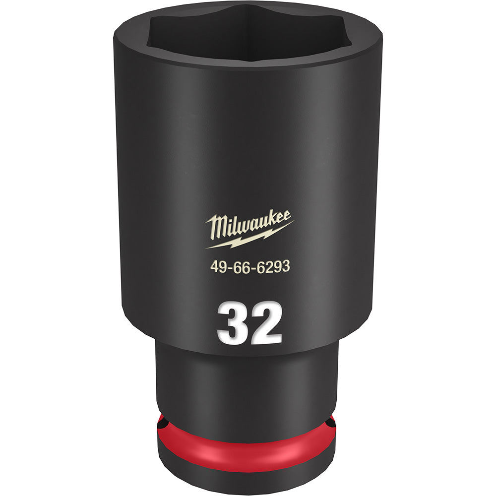Black deep socket with hexagonal opening, Milwaukee branding, model number 49-66-6293, size 32 marked on body, red grip band 