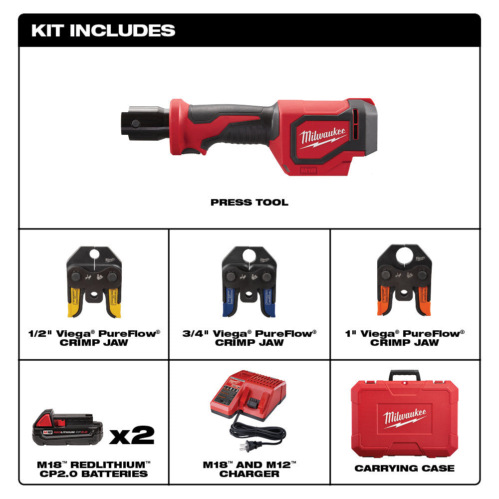 Red and black Milwaukee M18 press tool with three interchangeable Viega PureFlow jaws, two batteries, charger, and red carryi