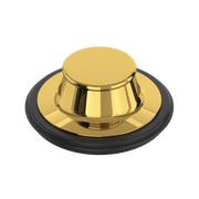 Unlacquered brass disposal stopper with black rubber base ring and polished dome-shaped top.