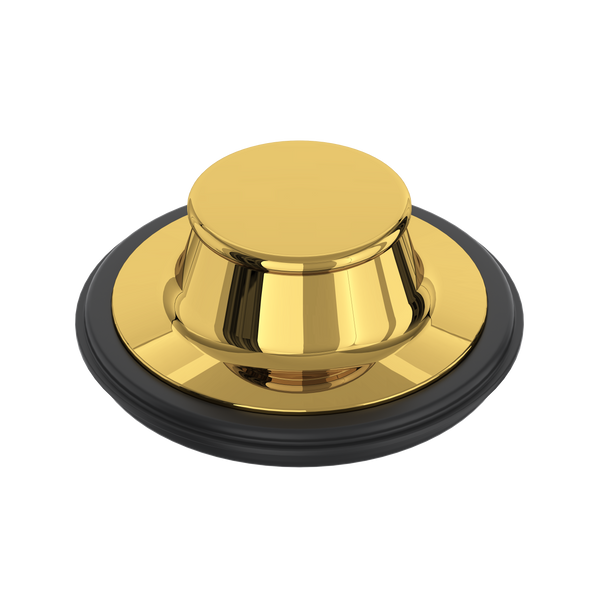 Unlacquered brass disposal stopper with black rubber base ring and polished dome-shaped top.