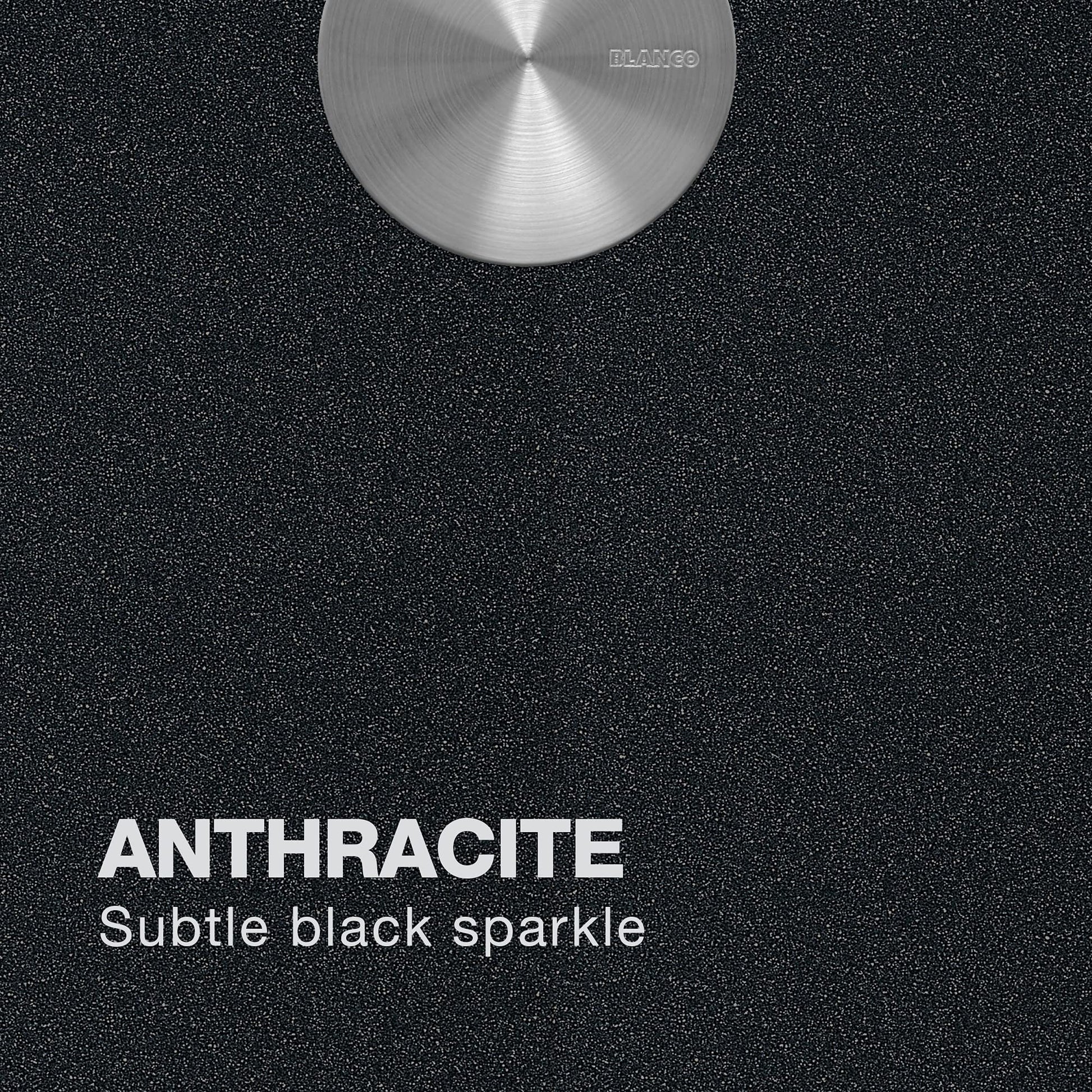 Anthracite sink bowl with brushed stainless steel rim and speckled black surface finish.