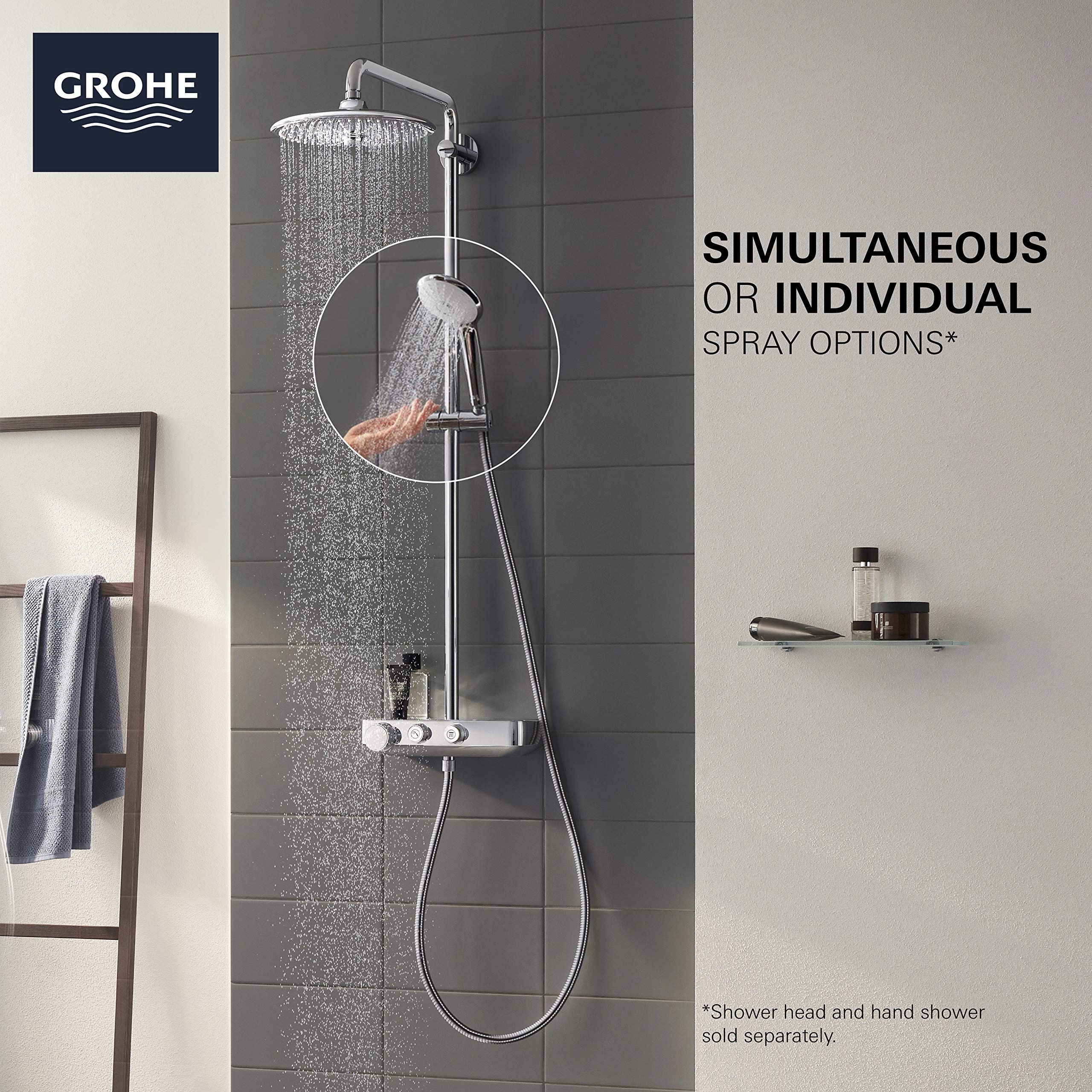 Chrome thermostatic shower system with overhead rainfall head and handheld spray on vertical rail mounted to tiled wall.