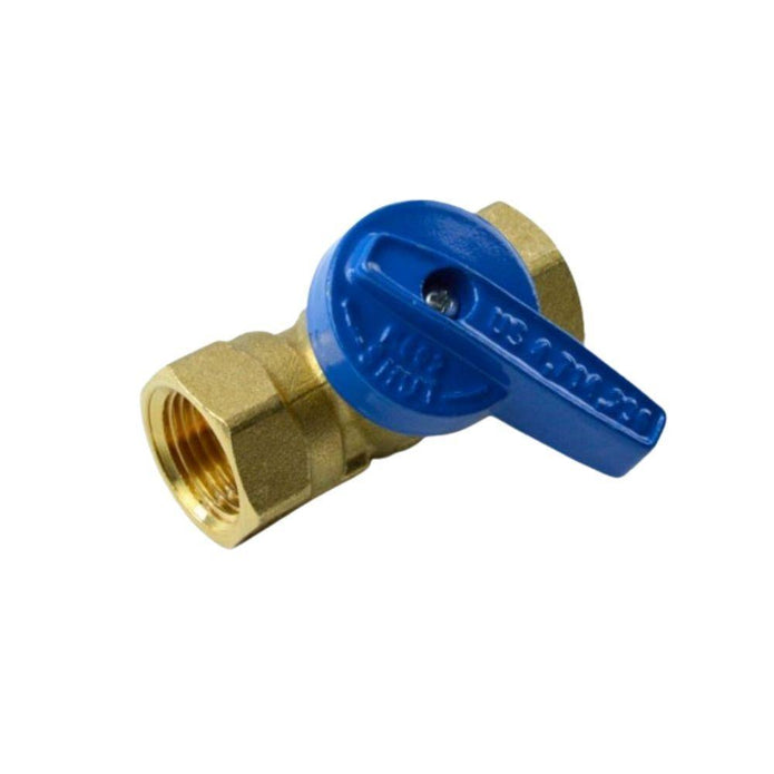 Brass meter coupling with blue ball valve handle and female threaded ports on both ends.