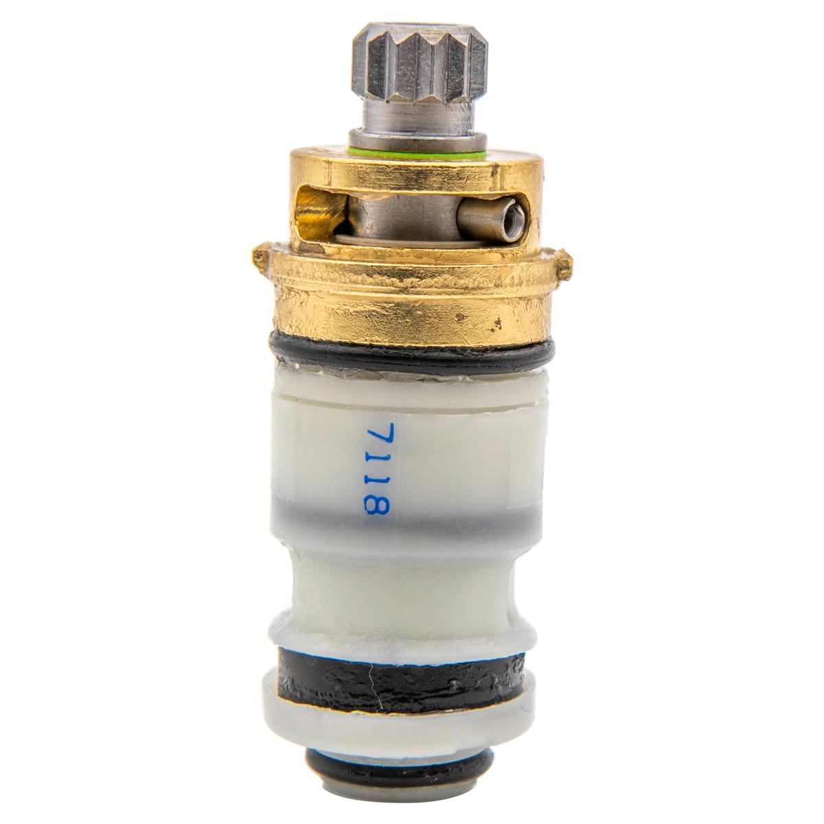 Metal stem cartridge with brass coupling, ceramic seals, and hexagonal adjustment cap for left-hand faucet control.